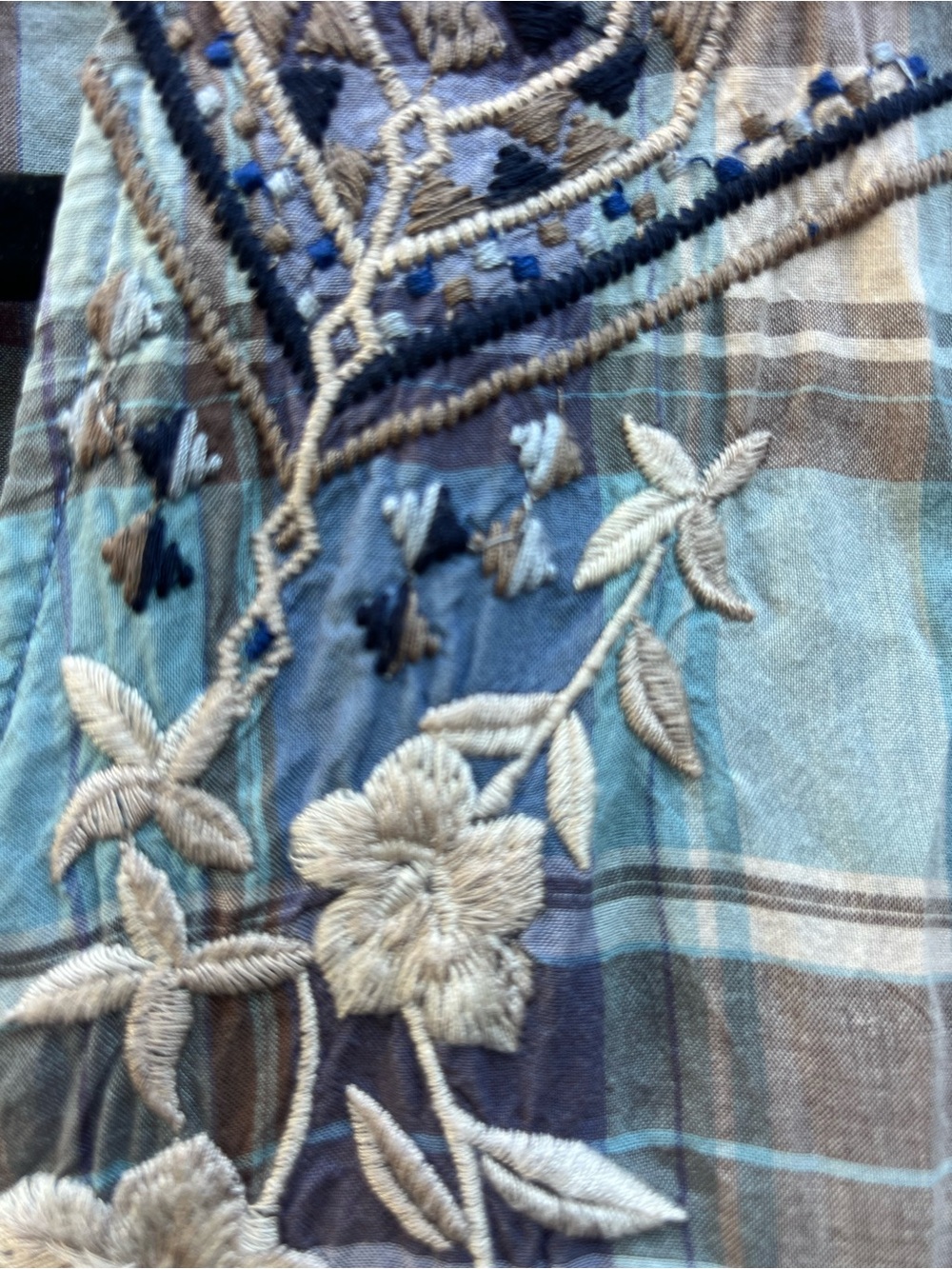 JOHNNY WAS Purple Blue Plaid Embroidered Boho SS Women’s Small Top - Picture 7 of 11